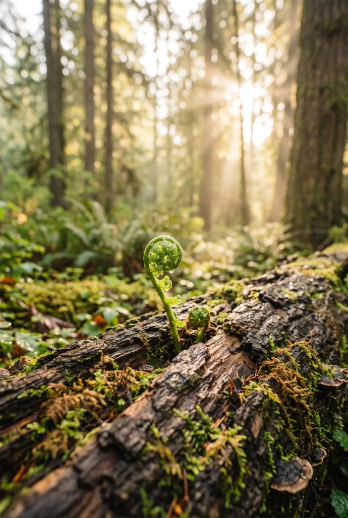 Young fern growing from a fallen log symbolizing resilience, healing, and trauma counseling Maryland that supports emotional recovery and personal growth.
