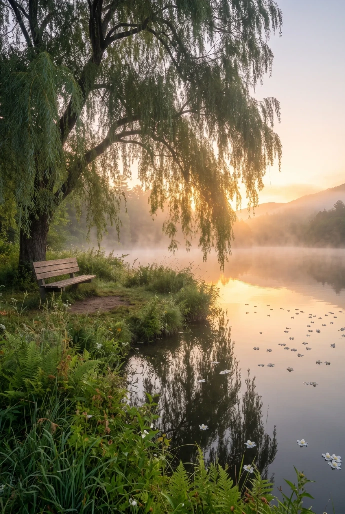 Peaceful lakeside with a bench beneath a willow tree symbolizing healing, remembrance, and Loss and grief counseling Maryland for emotional support and recovery.