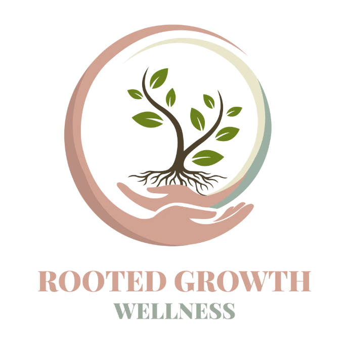 Rooted Growth Wellness logo featuring a growing tree with roots held in caring hands, symbolizing healing, mental wellness, personal growth, and compassionate therapy.
